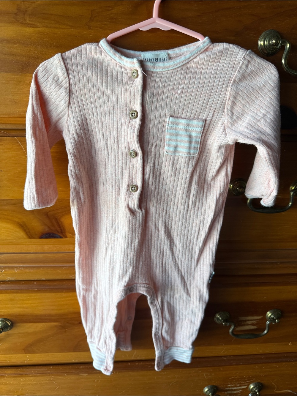 Rabbit & Bear  Light Pink Ribbed One-Piece romper with Striped Pocket